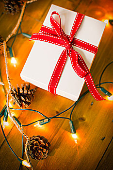 圣诞装饰,礼盒,系,丝带,彩灯