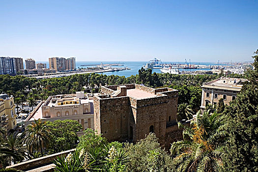 景色,港口,阿尔卡萨瓦城堡,要塞,马拉加,哥斯达黎加,马拉加省,西班牙