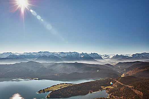 俯拍,日光,山,湖,巴伐利亚,德国