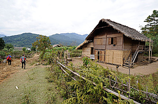 缅甸,区域,游客,乡村,传统,竹子,小屋