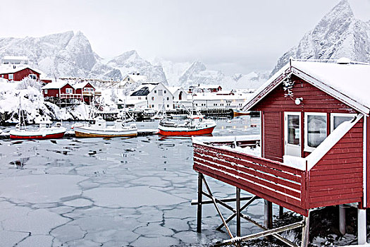 冰,海洋,雪,顶峰,特色,房子,渔船,罗浮敦群岛,挪威北部,欧洲