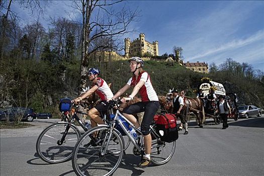 两个,骑车,正面,旧天鹅堡,城堡,拜恩州,德国