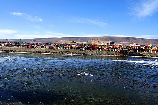 四川,西部,藏区,亚青寺,雪山,蓝天,云彩,佛塔,寺院,草原,雪,冰河