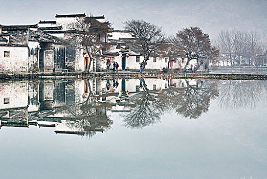 倒影,图像,秃树,传统,房子,湖,乡村,安徽,中国