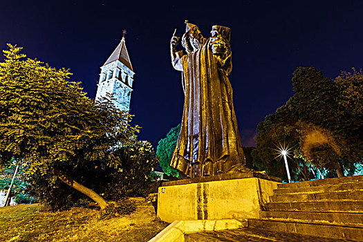 雕塑,钟楼,分开,夜晚,克罗地亚