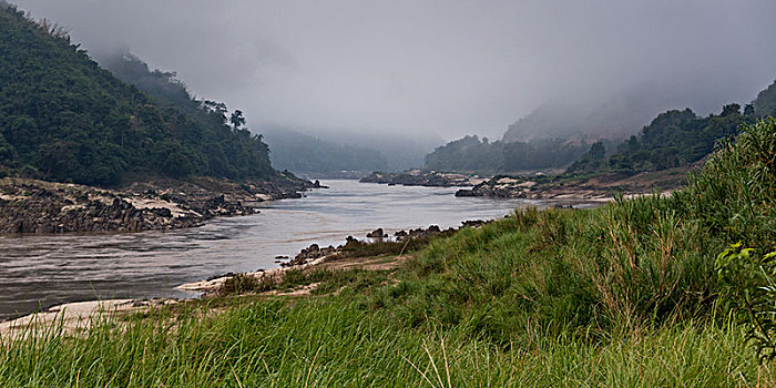风景,河,流动,山,湄公河,老挝