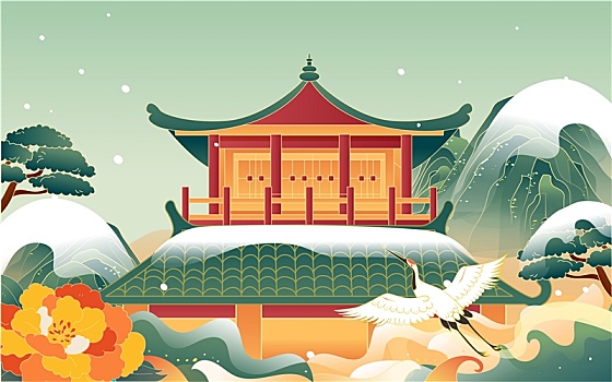 冬至立冬節(jié)氣中國(guó)風(fēng)古建筑城市景點(diǎn)雪景插畫