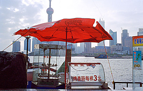 空,中国,街道,店,红色,可乐,伞,河,上海,塔,天际线,背景,2007年