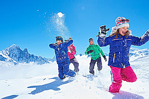 家庭,打雪仗,夏蒙尼,法國