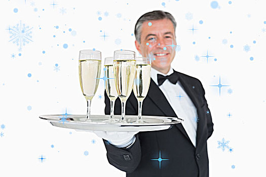 服务员,餐盘,满,玻璃,香槟