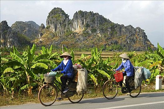两个,女性,骑车,途中,红河,三角洲,越南
