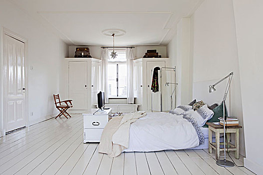 大,卧室,斯堪的纳维亚,旧式,氛围,老,厨房,凳子,床头柜,窗户,合适,衣柜