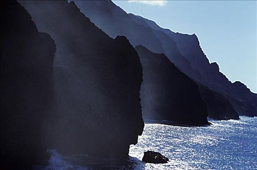 夏威夷,考艾岛,纳帕利海岸,模糊,悬崖,海洋,海岸线