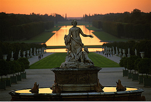 雕塑,喷泉,日落,凡尔赛宫,法国