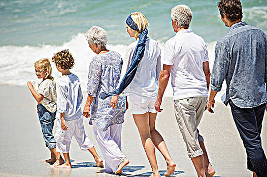 后代,家庭,走,排列,海滩