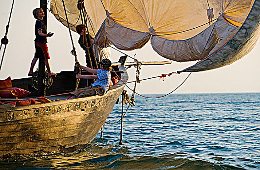 马拉维,湖,国家公园,男孩,家庭,假日,游轮,圆,传统,独桅三角帆船