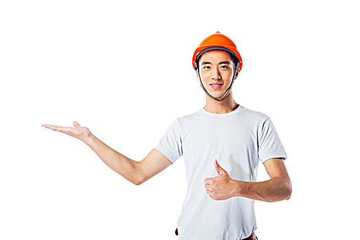 头戴橘色安全帽的工人