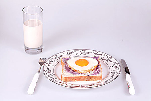 用刀叉吃牛奶煎鸡蛋配面包