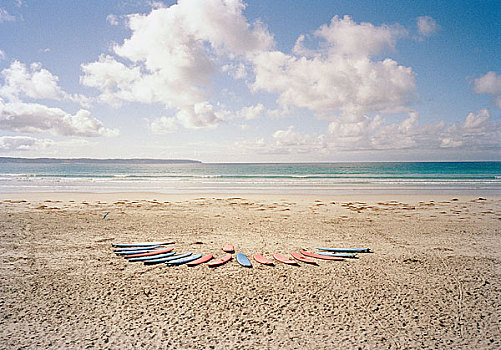 冲浪板,排列,海滩