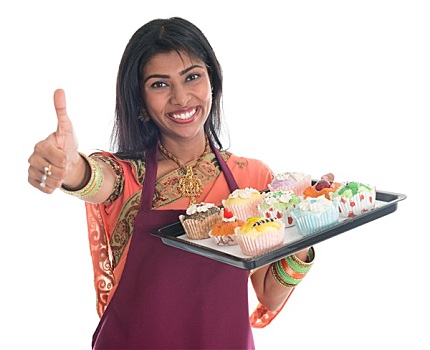 竖大拇指,印度女人,烘制,杯形蛋糕
