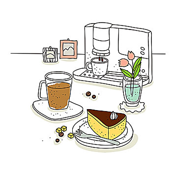 插画,糕点,咖啡机,背景