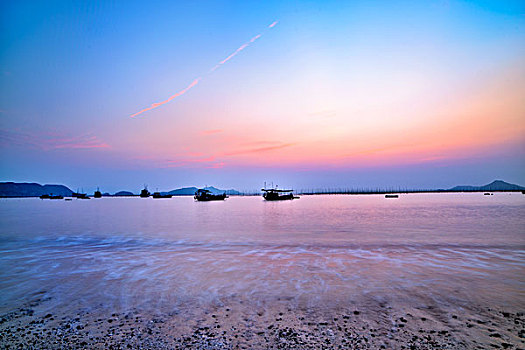 福建霞浦,海,渔船,海滩,晚霞