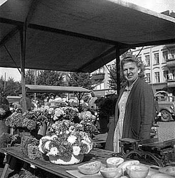 女人,花,货摊,市场,马尔默,瑞典,艺术家