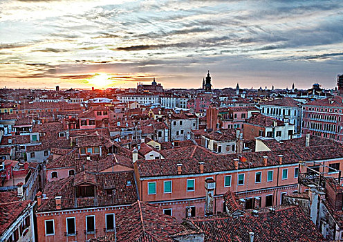 远眺,屋顶,威尼斯,日出,世界遗产,威尼西亚,意大利,欧洲
