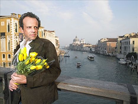 意大利,威尼斯,男人,等待,桥,拿着,花