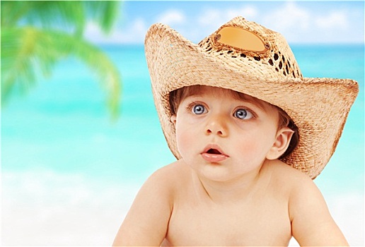 男婴,牛仔帽,海滩