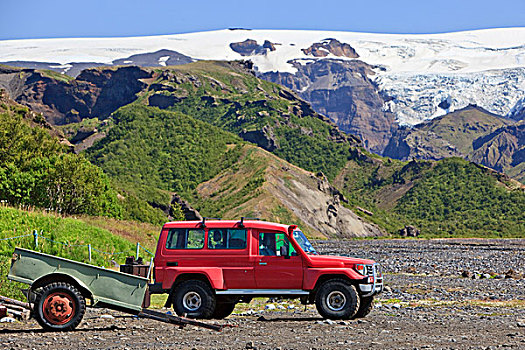 红色,吉普车,河,床,靠近,冰河,冰岛,欧洲