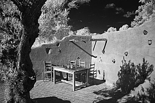 户外,桌子,四个,椅子,小,凹室,大,树,卢瓦尔河畔肖蒙,法国,2008年
