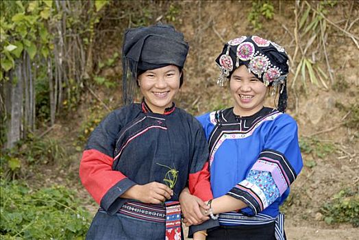 肖像,两个,女青年,种族,传统服装,头饰,老挝,东南亚