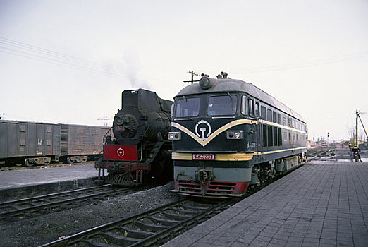 中国,甘肃,靠近,蒸汽机车,柴油车辆,引擎