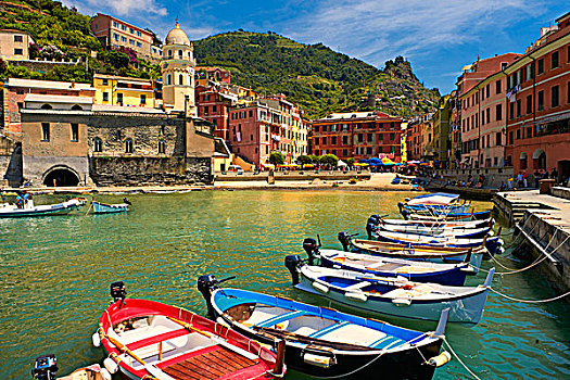 彩色,房子,船,渔港,维纳扎,早晨,亮光,世界遗产,五渔村国家公园,利古里亚,意大利,欧洲