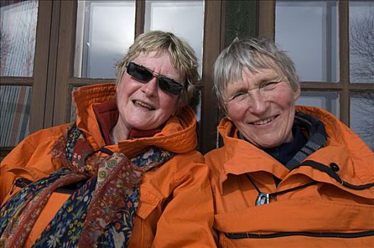 两个,微笑,老太太,滑雪,度假,瑞典