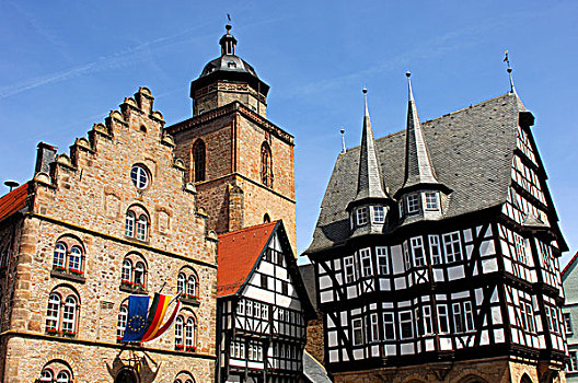 中世纪,建筑,市场,阿尔斯菲尔德,左边,右边,葡萄酒,房子,教堂,塔,半木结构,城市,历史,城镇,黑森州,德国,欧洲