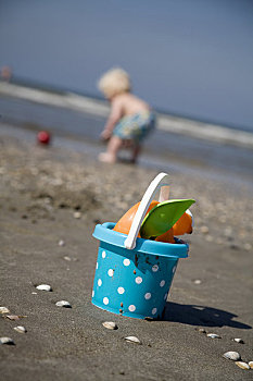 桶,铲,海滩,婴儿,玩,背景