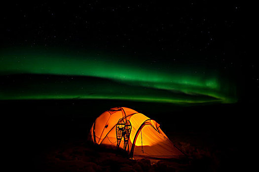 光亮,探险,帐蓬,传统,木质,雪地鞋,北极光,极光,绿色,靠近,育空地区,加拿大