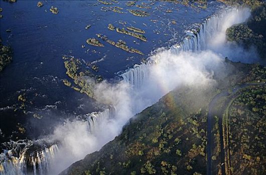 赞比亚,维多利亚瀑布,航拍,赞比西河,俯视,边界,津巴布韦