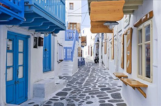 白房子,狭窄,小路,彩色,门,框架,涂绘,铺路石,米克诺斯岛,基克拉迪群岛,希腊,欧洲