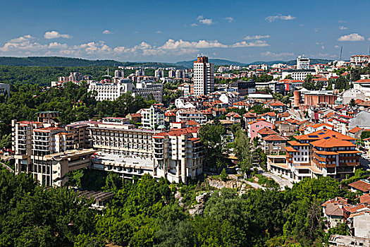 保加利亚,中心,山,大特尔诺沃,俯视图,新城,早晨