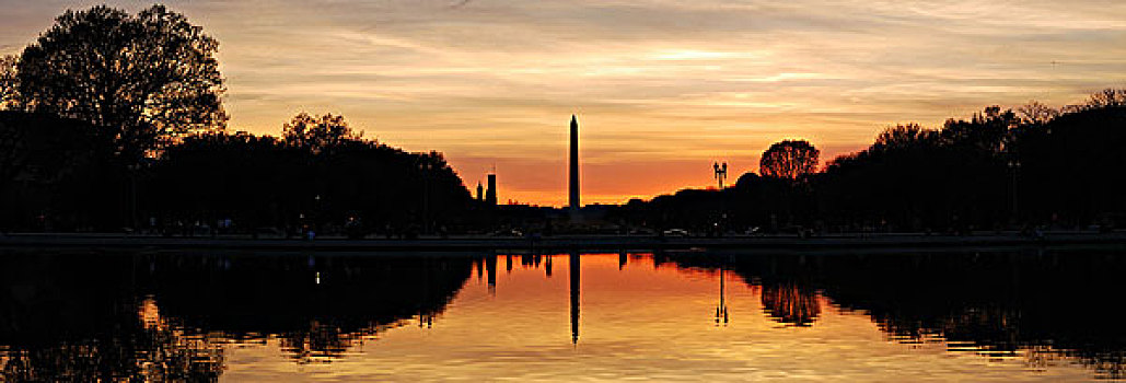 华盛顿纪念碑,日落,湖,反射,剪影,全景,华盛顿特区