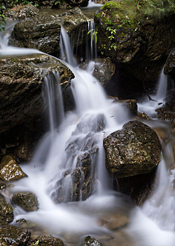 慢门拍摄的重庆五a级风景区万盛黑山谷的溪流和瀑布