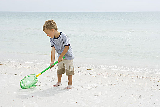 男孩,站立,海滩,挑选,向上,球,网