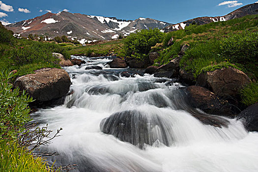 河,流动,风景,雪冠,山,远景,加利福尼亚