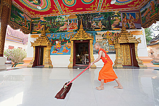 老挝,万象,寺院,僧侣,清洁,地面,崇拜