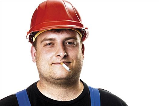 建筑工人,穿,红色,安全帽,吸烟,香烟