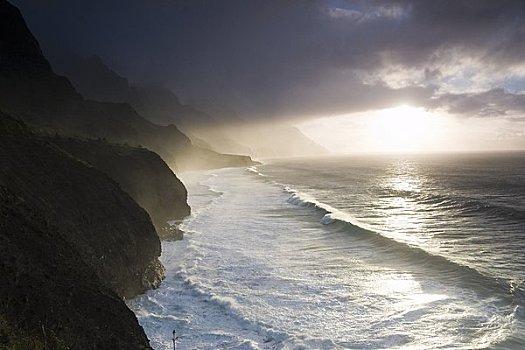 日落,上方,小路,纳帕利海岸,考艾岛,夏威夷,美国