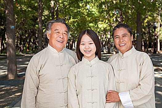 孙女,祖父母,练习,太极拳